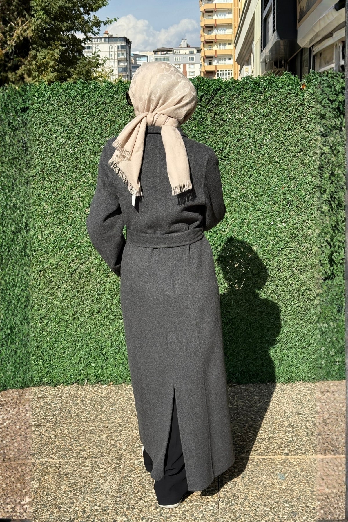 Miss Dalida Alpaka Kumaş Kemerli Uzun Antrasit Kaban