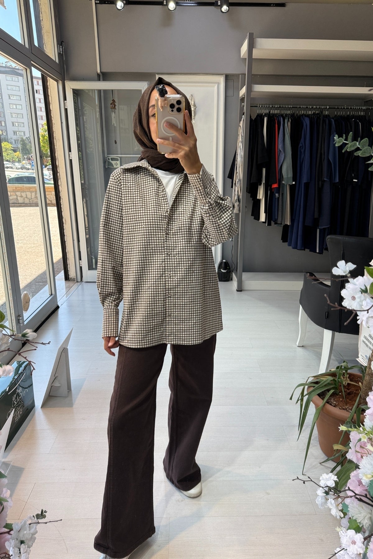 Exquise Geniş Paça Cepli Yüksek Bel Regular Kahve Denim Pantolon