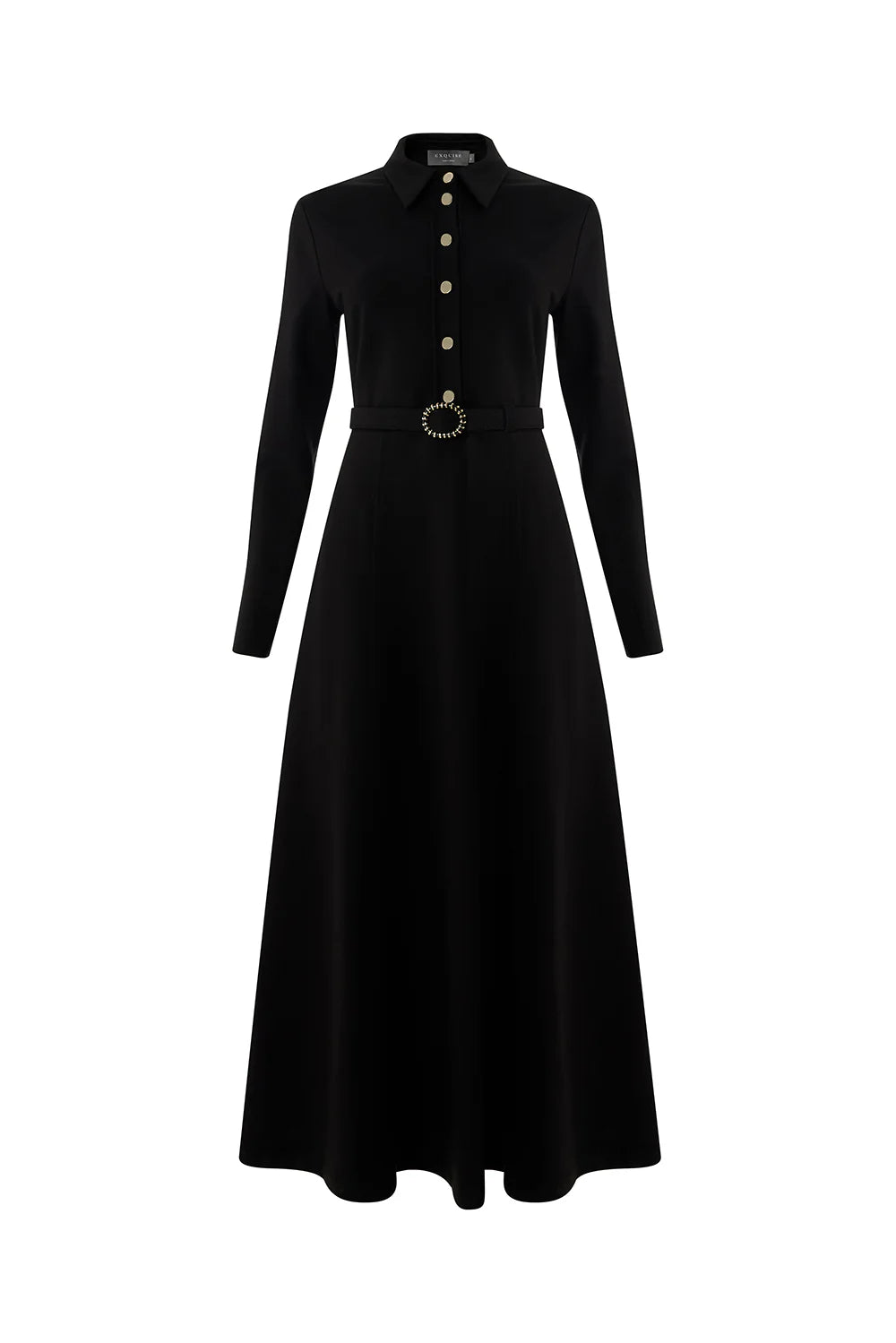 Exquise Kemerli Gömlek Yaka Cepli Slim Fit Midi Siyah Örme Elbise