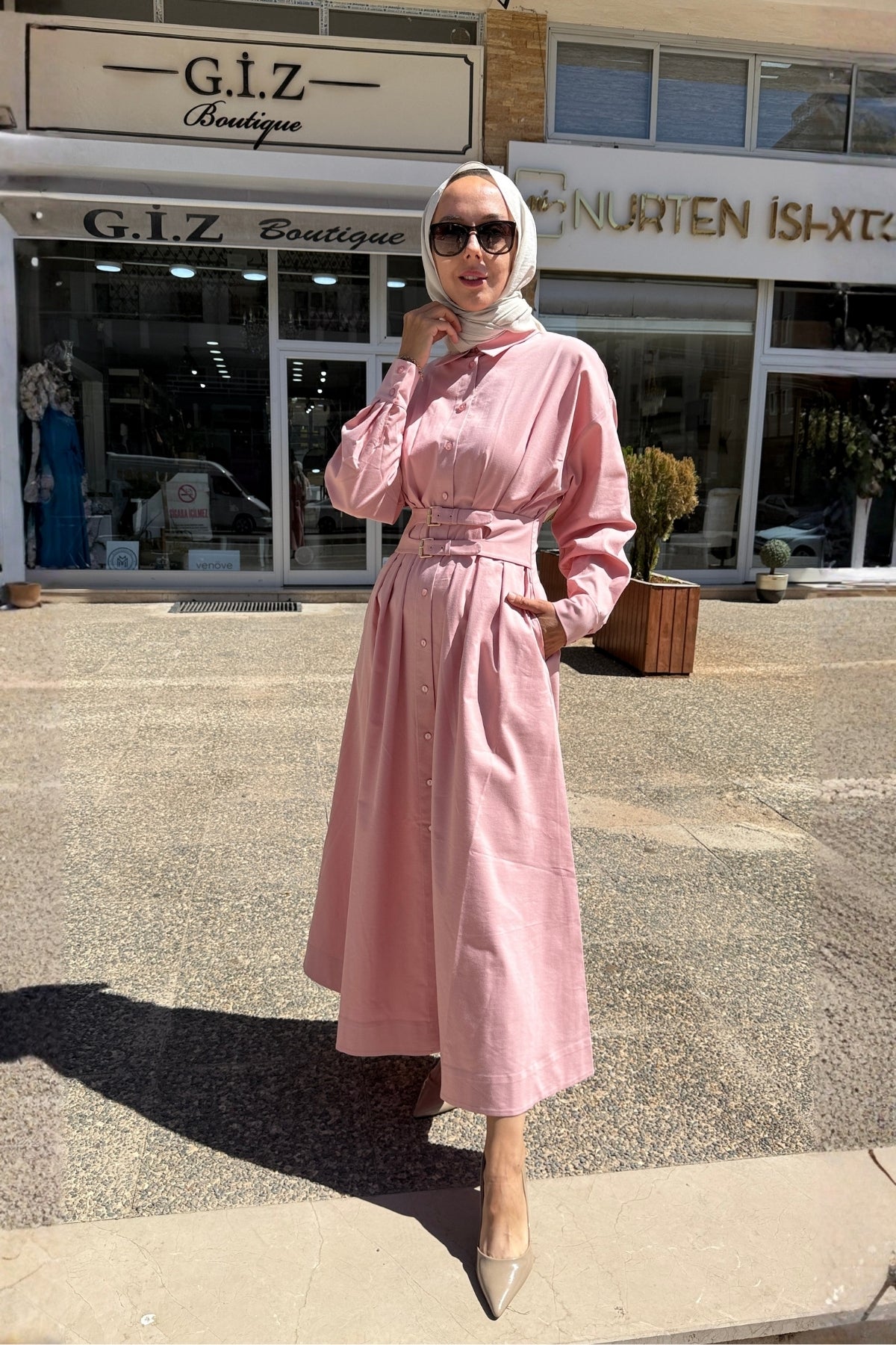 Exquise Bele Oturan Kemer Detaylı Regular Midi Gömlek Elbise