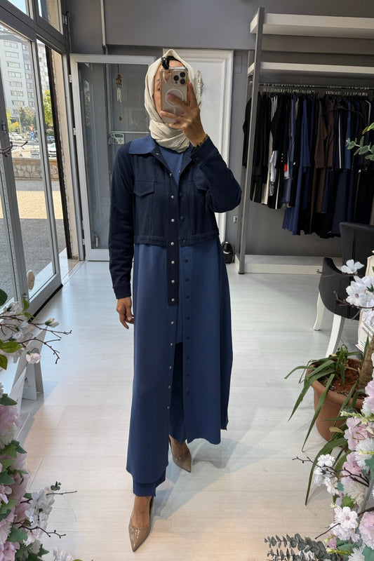 Miss Dalida Triko Detaylı Uzun Denim Kap