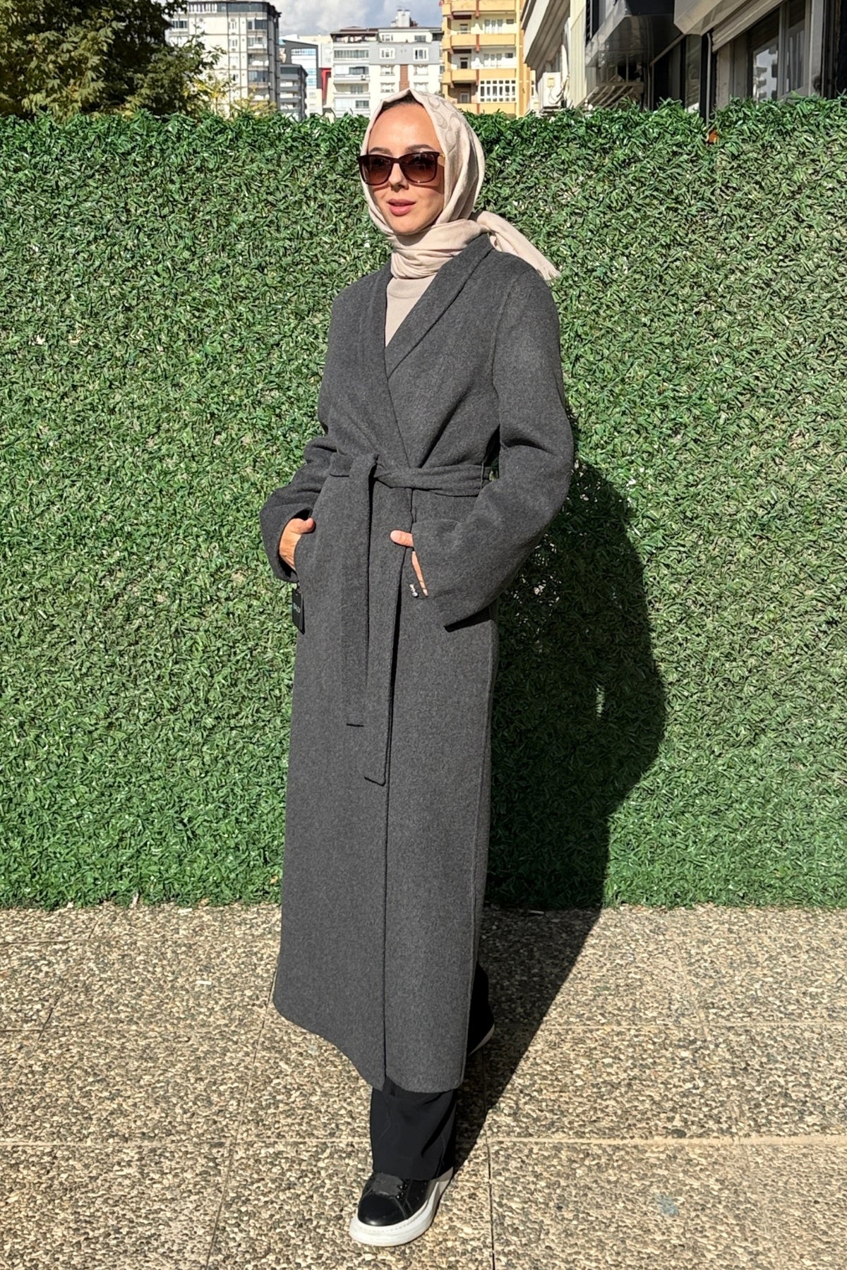 Miss Dalida Alpaka Kumaş Kemerli Uzun Antrasit Kaban