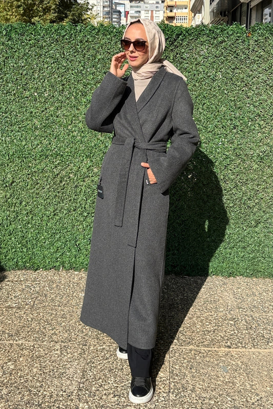 Miss Dalida Alpaka Kumaş Kemerli Uzun Antrasit Kaban