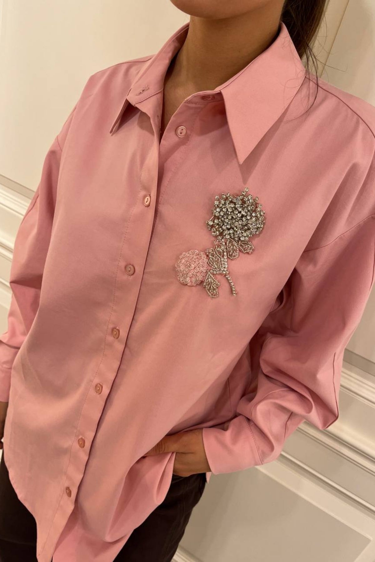 Exquise Çiçek Taş İşlemeli Uzun Kollu Regular Gömlek
