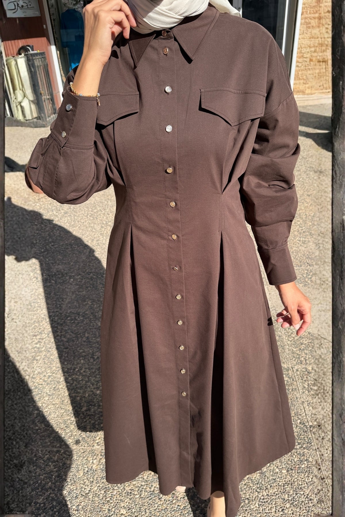 Exquise Gömlek Yaka Uzun Kollu Cepli Regular Düğmeli Midi Elbise