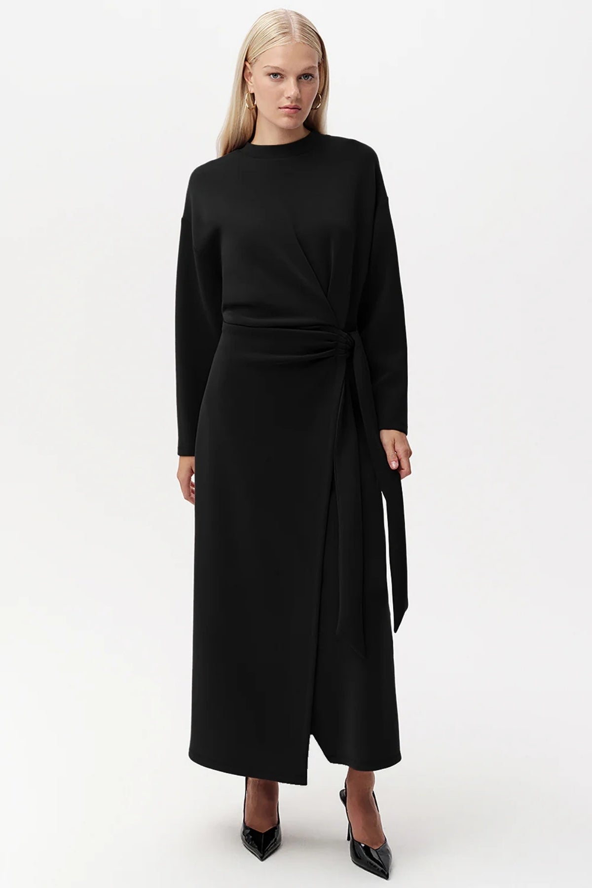 Exquise Bisiklet Yaka Bağlama Detaylı Regular Midi Elbise