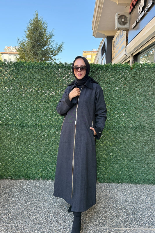 Miss Dalida Önden Fermuarlı Uzun Denim Kap