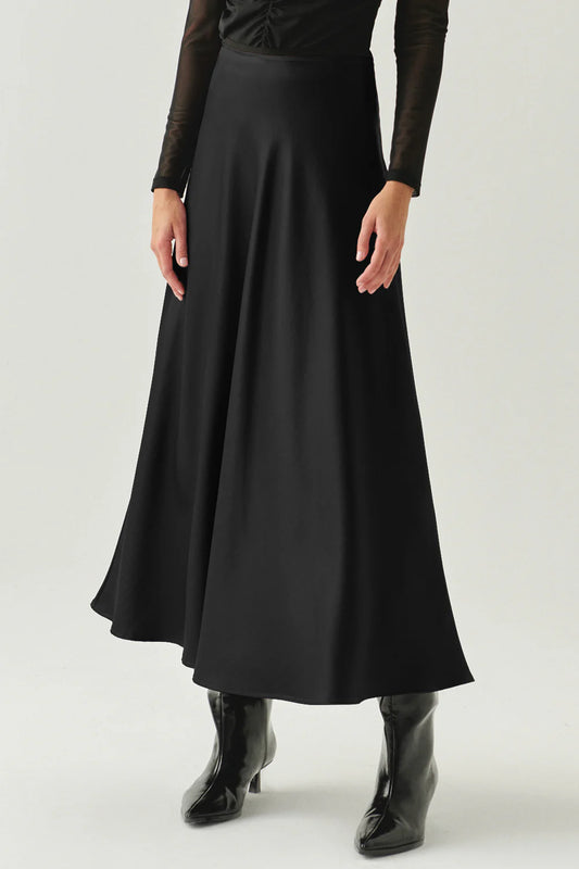 Exquise Yandan Fermuarlı Yüksek Bel Saten Siyah Midi Etek