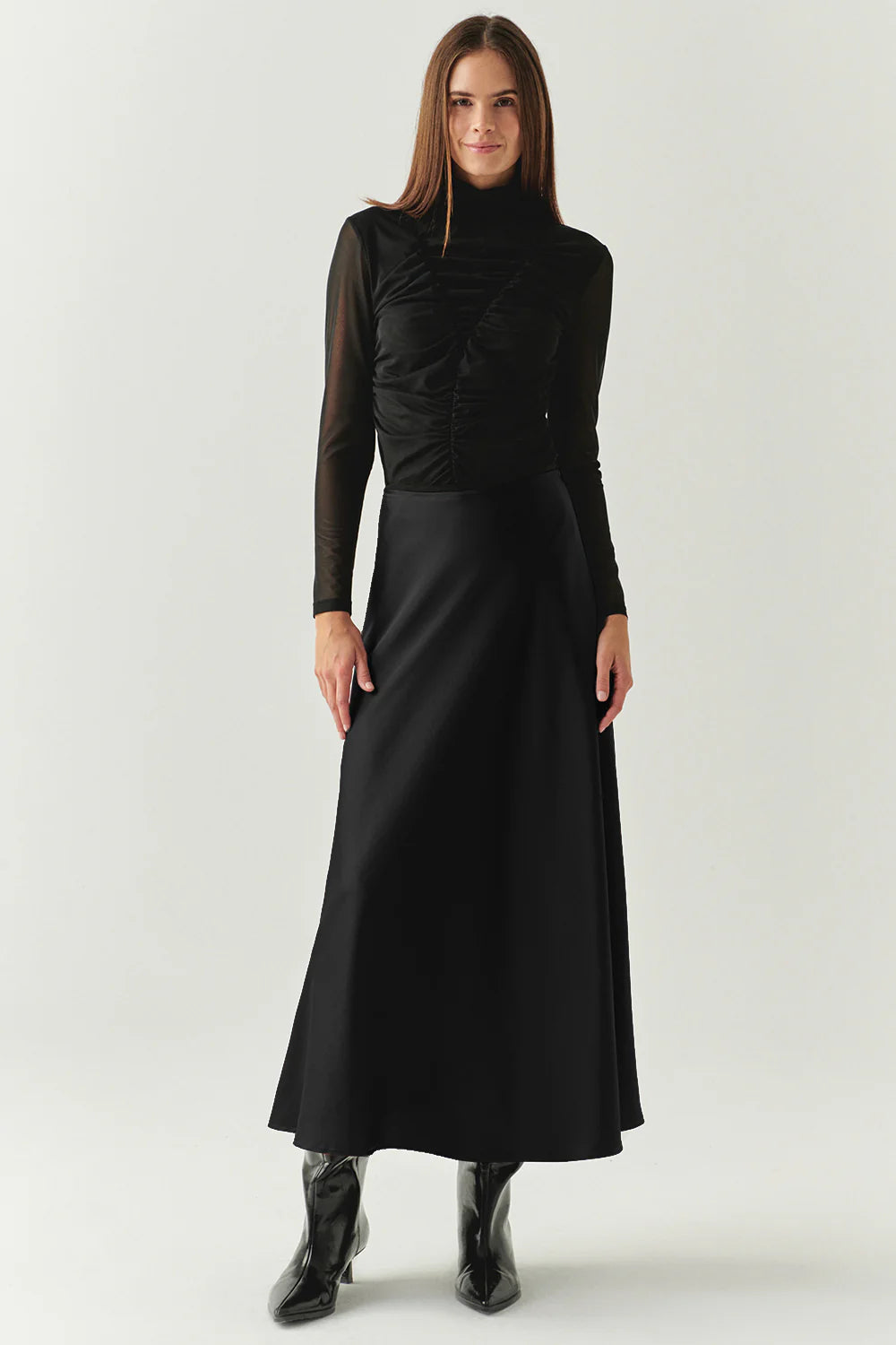 Exquise Yandan Fermuarlı Yüksek Bel Saten Siyah Midi Etek