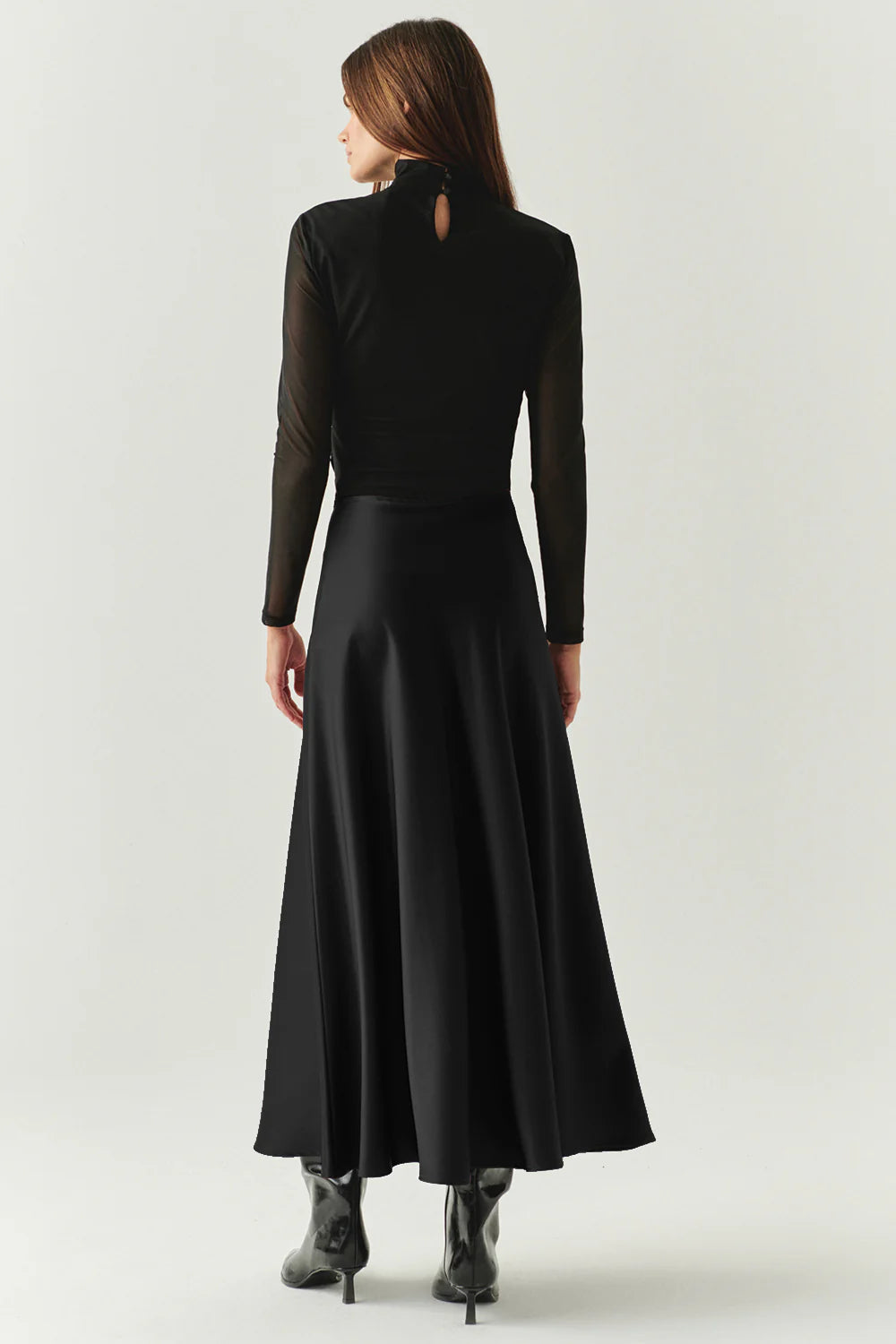 Exquise Yandan Fermuarlı Yüksek Bel Saten Siyah Midi Etek