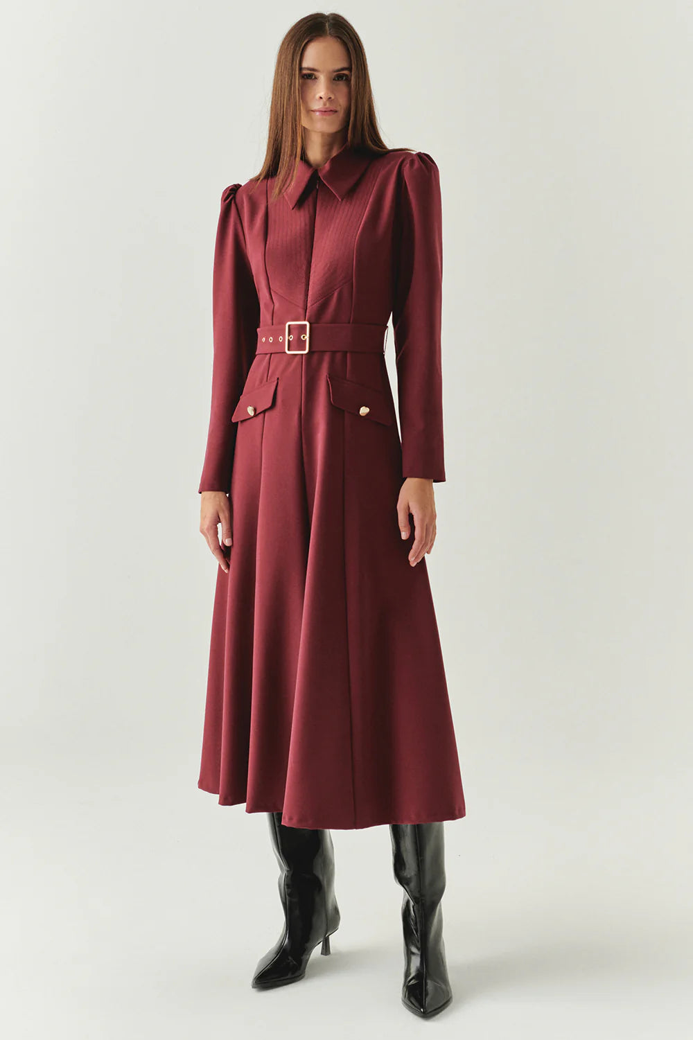 Exquise Önden Fermuarlı Kemerli Uzun Kol Slim Fit Midi Elbise