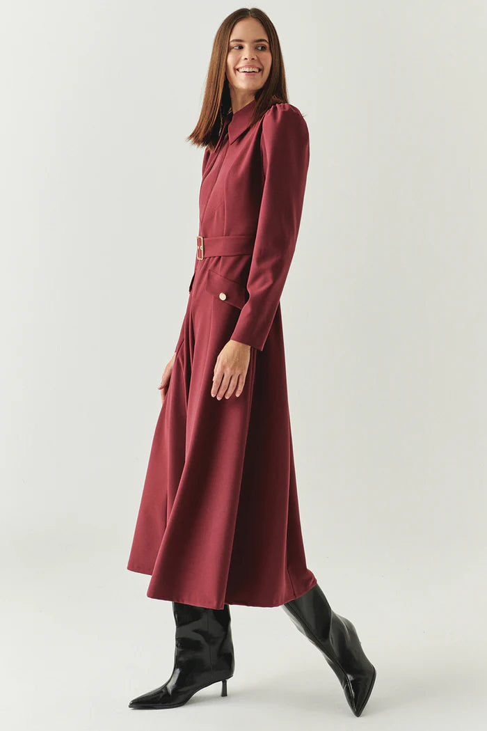 Exquise Önden Fermuarlı Kemerli Uzun Kol Slim Fit Midi Elbise