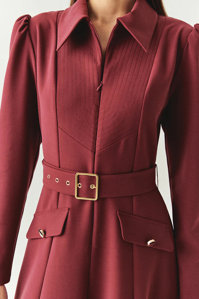 Exquise Önden Fermuarlı Kemerli Uzun Kol Slim Fit Midi Elbise