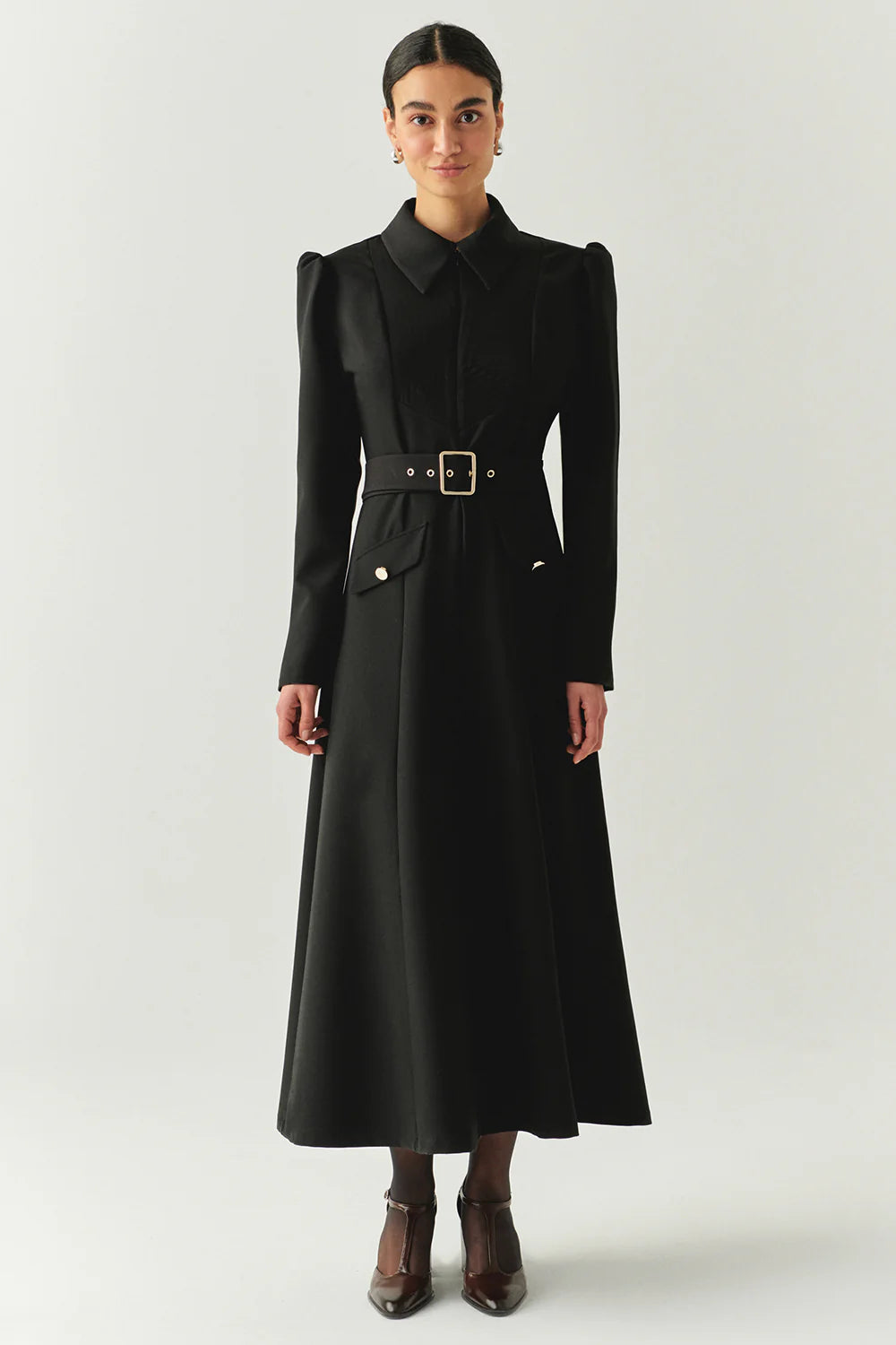 Exquise Önden Fermuarlı Kemerli Uzun Kol Slim Fit Midi Elbise