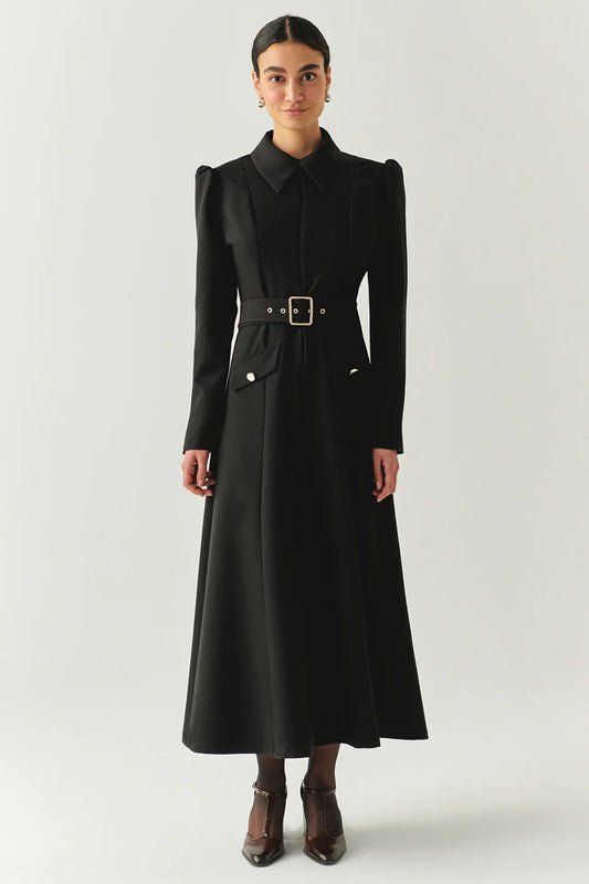 Exquise Önden Fermuarlı Kemerli Uzun Kol Slim Fit Midi Elbise