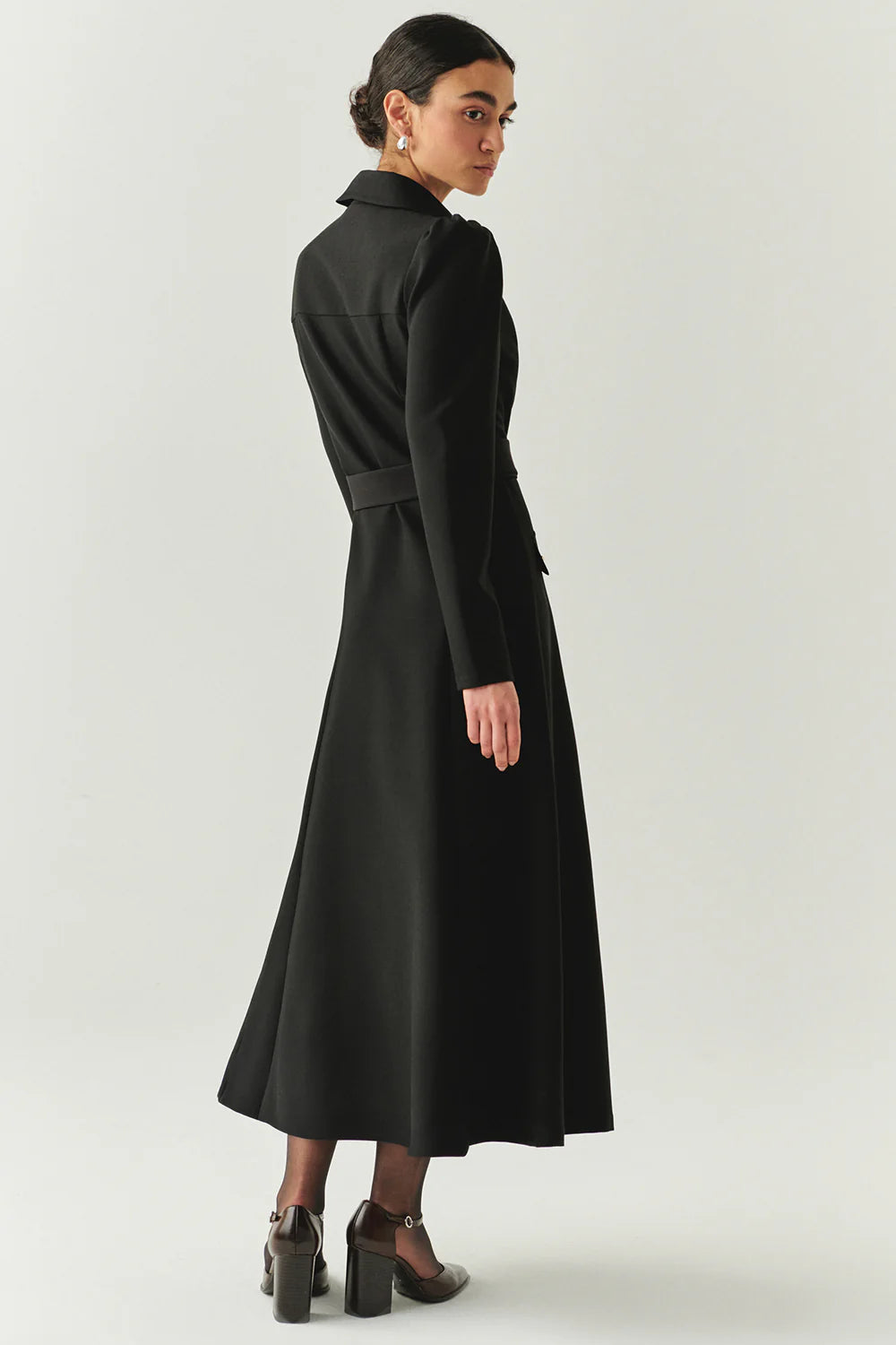 Exquise Önden Fermuarlı Kemerli Uzun Kol Slim Fit Midi Elbise