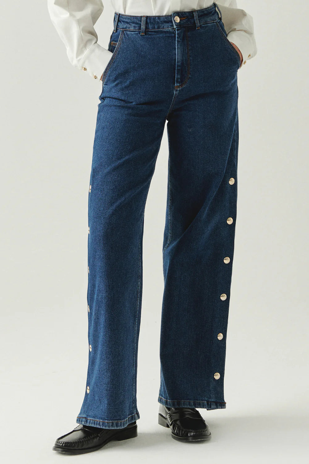 Exquise Yanları Çıt Çıtlı Cepli Geniş Paça Regular Denim İndigo Pantolon