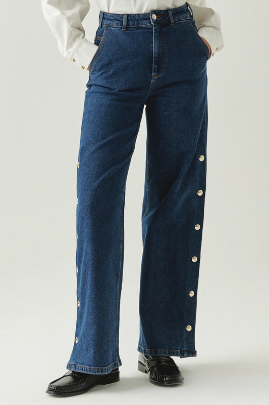 Exquise Yanları Çıt Çıtlı Cepli Geniş Paça Regular Denim İndigo Pantolon