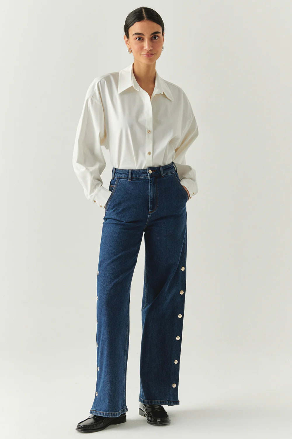 Exquise Yanları Çıt Çıtlı Cepli Geniş Paça Regular Denim İndigo Pantolon