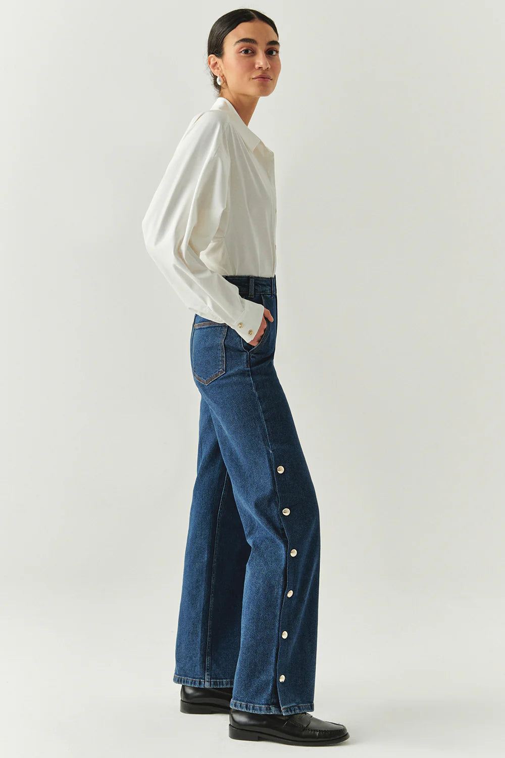 Exquise Yanları Çıt Çıtlı Cepli Geniş Paça Regular Denim İndigo Pantolon