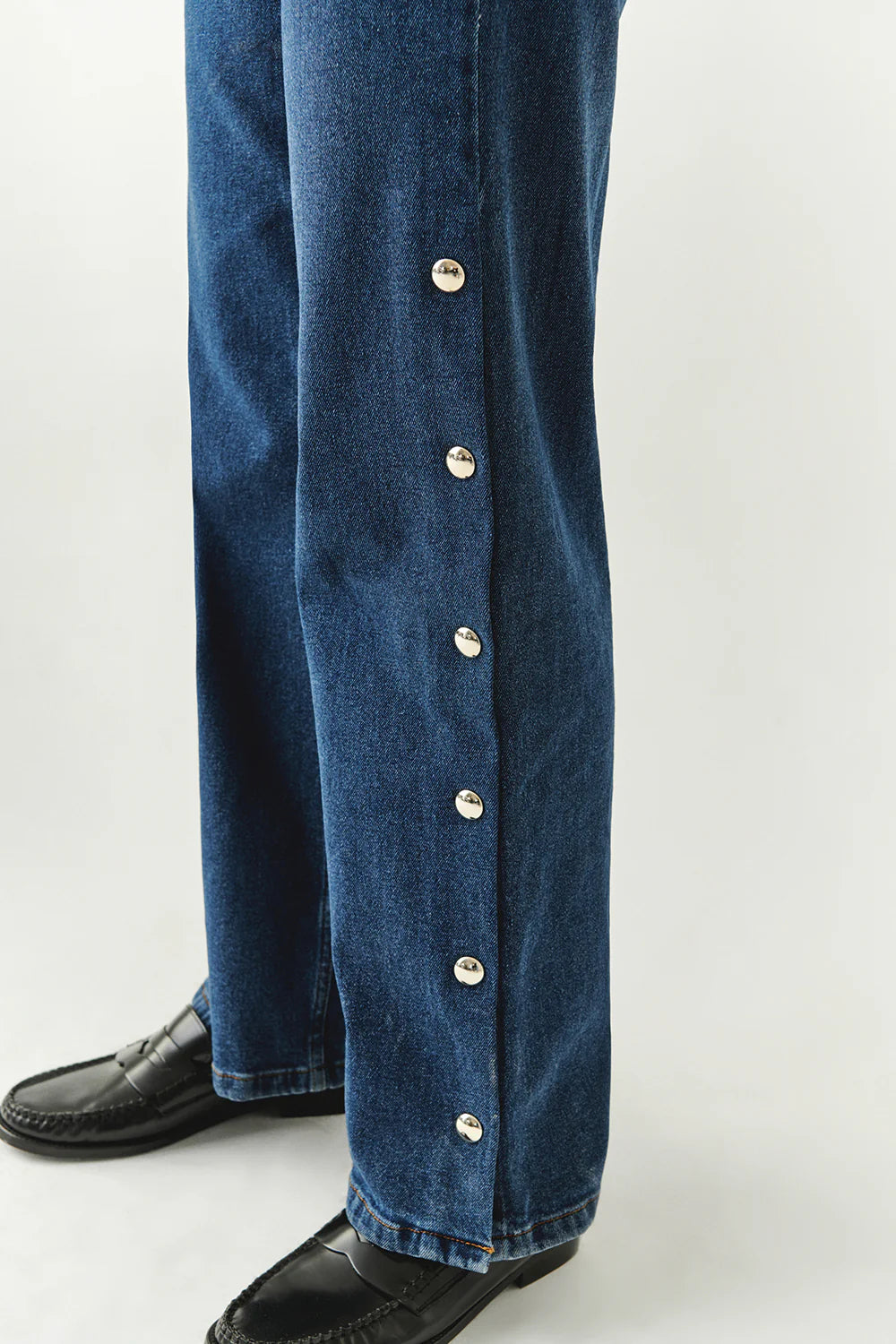 Exquise Yanları Çıt Çıtlı Cepli Geniş Paça Regular Denim İndigo Pantolon