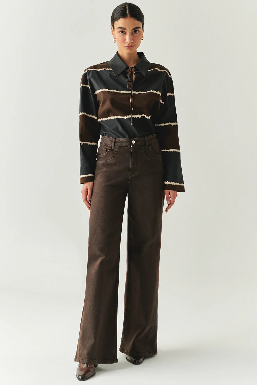 Exquise Geniş Paça Cepli Yüksek Bel Regular Kahve Denim Pantolon