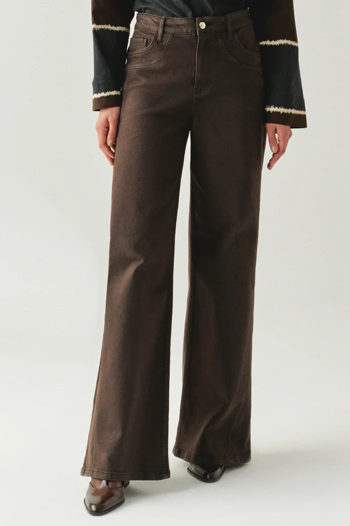 Exquise Geniş Paça Cepli Yüksek Bel Regular Kahve Denim Pantolon