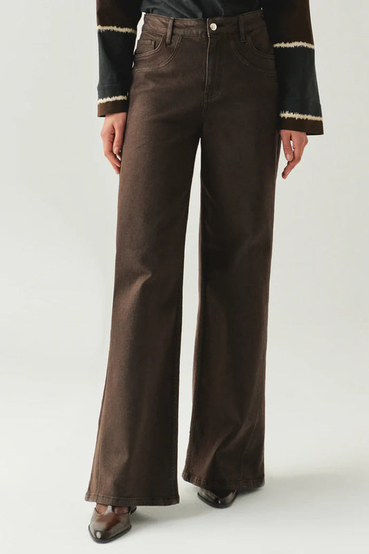 Exquise Geniş Paça Cepli Yüksek Bel Regular Kahve Denim Pantolon