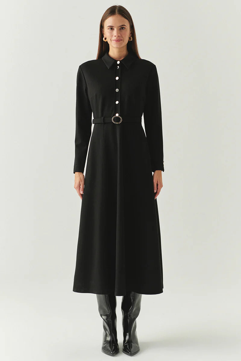 Exquise Kemerli Gömlek Yaka Cepli Slim Fit Midi Siyah Örme Elbise