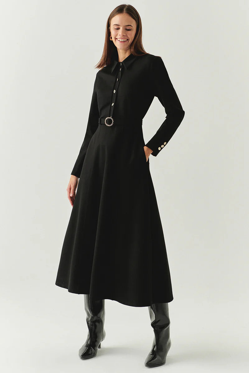 Exquise Kemerli Gömlek Yaka Cepli Slim Fit Midi Siyah Örme Elbise