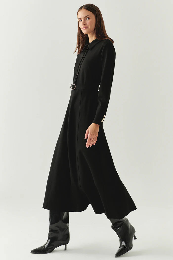 Exquise Kemerli Gömlek Yaka Cepli Slim Fit Midi Siyah Örme Elbise