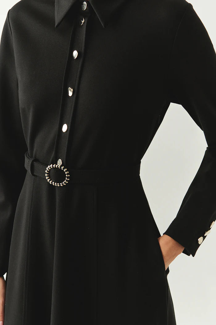 Exquise Kemerli Gömlek Yaka Cepli Slim Fit Midi Siyah Örme Elbise