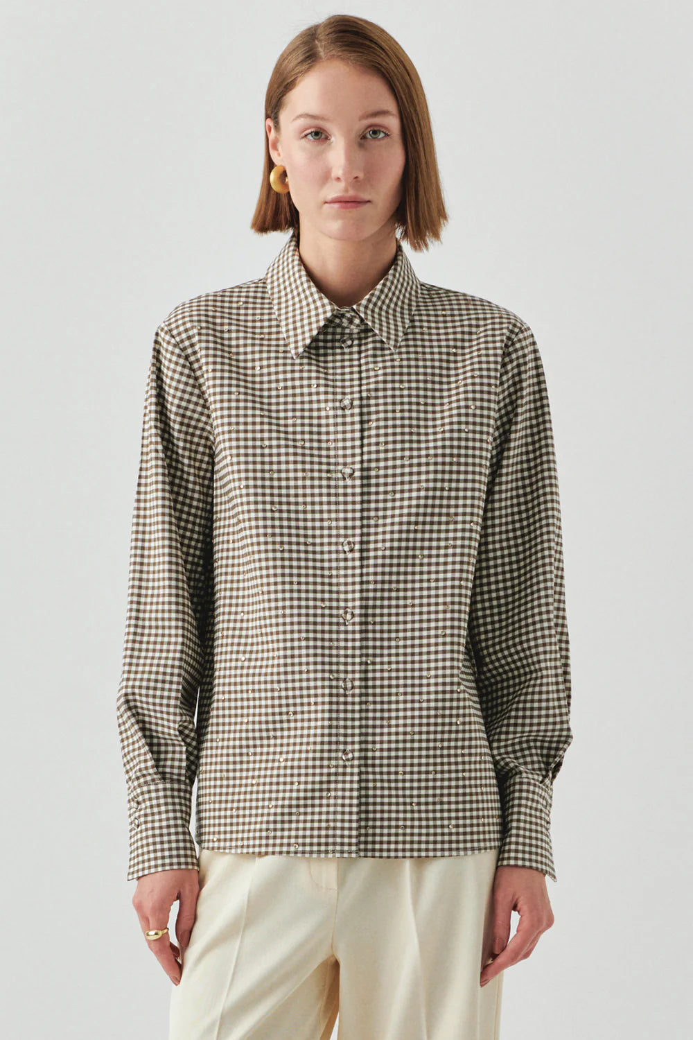 Exquise Uzun Kollu Taş Detaylı Regular Ekose Krem Vizon Gömlek