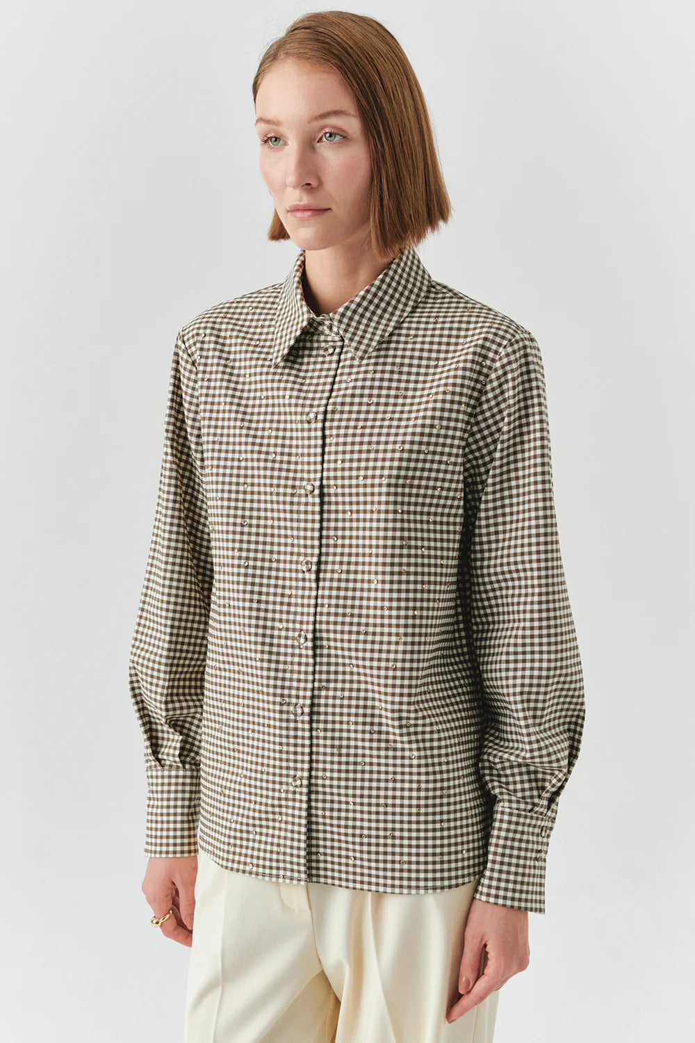 Exquise Uzun Kollu Taş Detaylı Regular Ekose Krem Vizon Gömlek