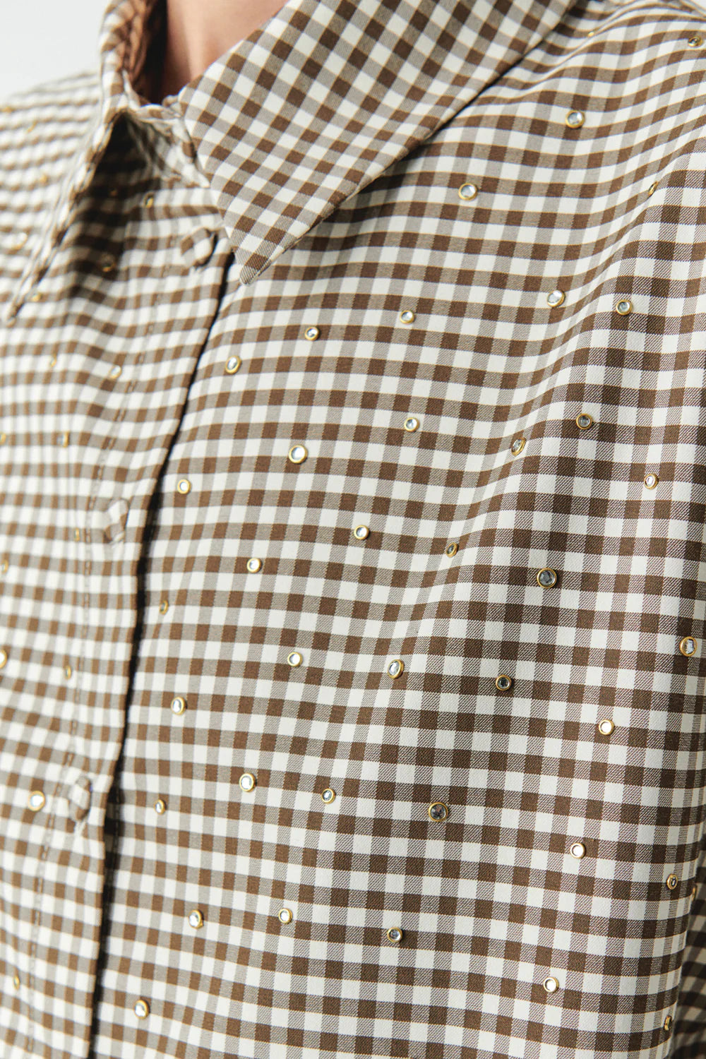 Exquise Uzun Kollu Taş Detaylı Regular Ekose Krem Vizon Gömlek