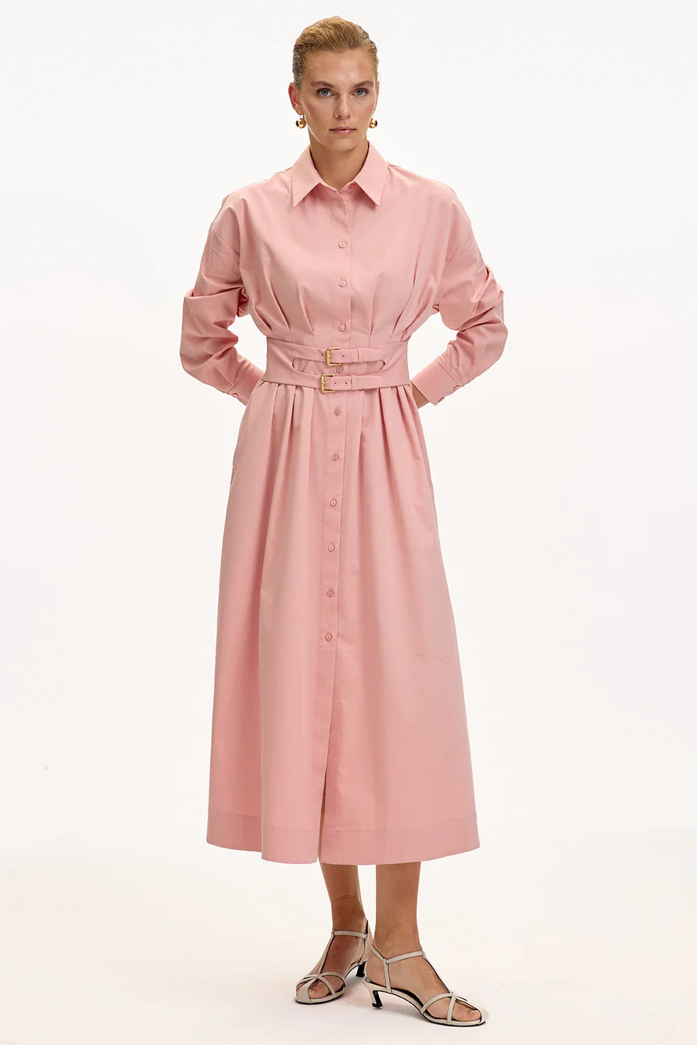 Exquise Bele Oturan Kemer Detaylı Regular Midi Gömlek Elbise