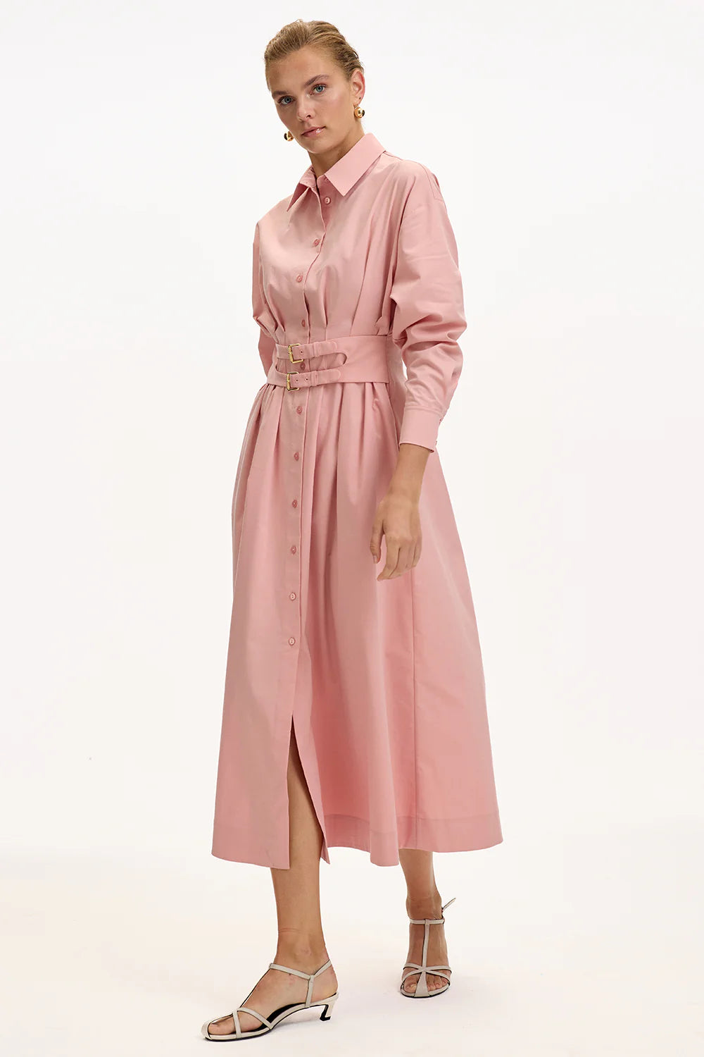 Exquise Bele Oturan Kemer Detaylı Regular Midi Gömlek Elbise