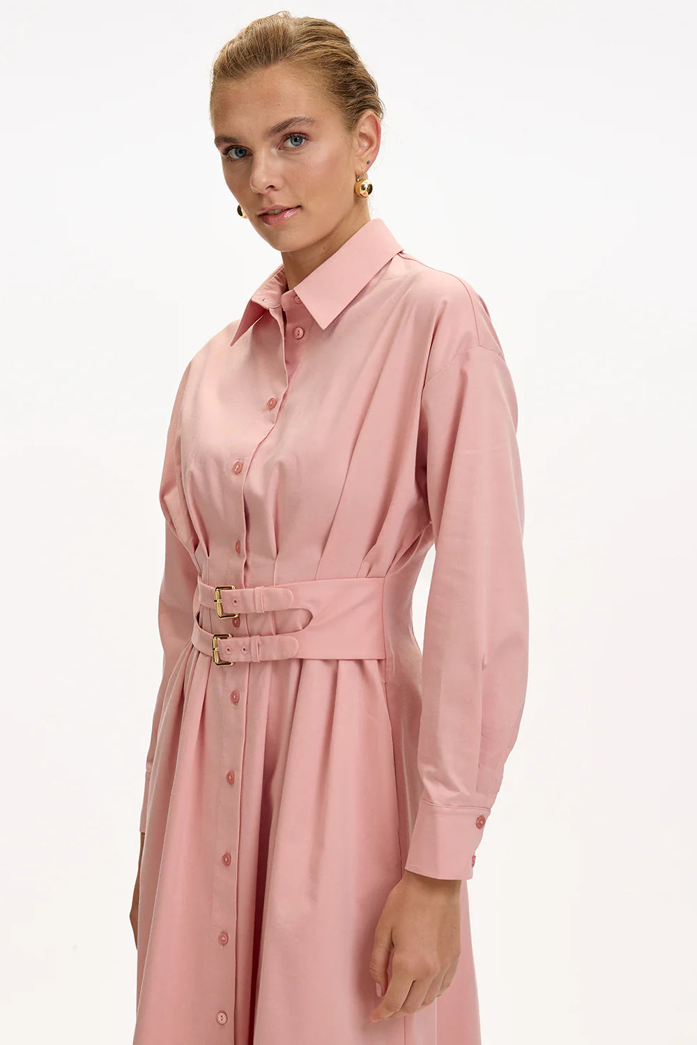 Exquise Bele Oturan Kemer Detaylı Regular Midi Gömlek Elbise